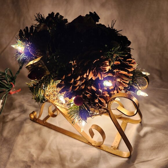 Pinecone Christmas Sleigh Lighted Gold and Christmas Mini Presents Faux Candies - Picture 4 of 13